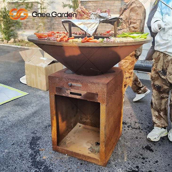 Custom China Manufacturing Oem Outdoor Round Corten Steel Bbq Brazier Fire Pit with Les Storage